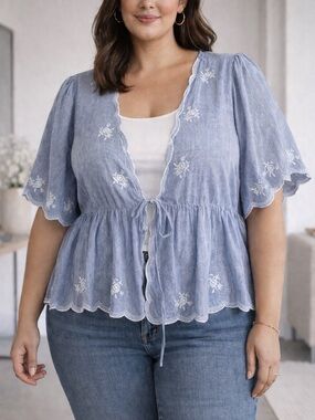 American Eagle Embroidered Peplum Top Size XL Blue Stripe Boho Cottagecore